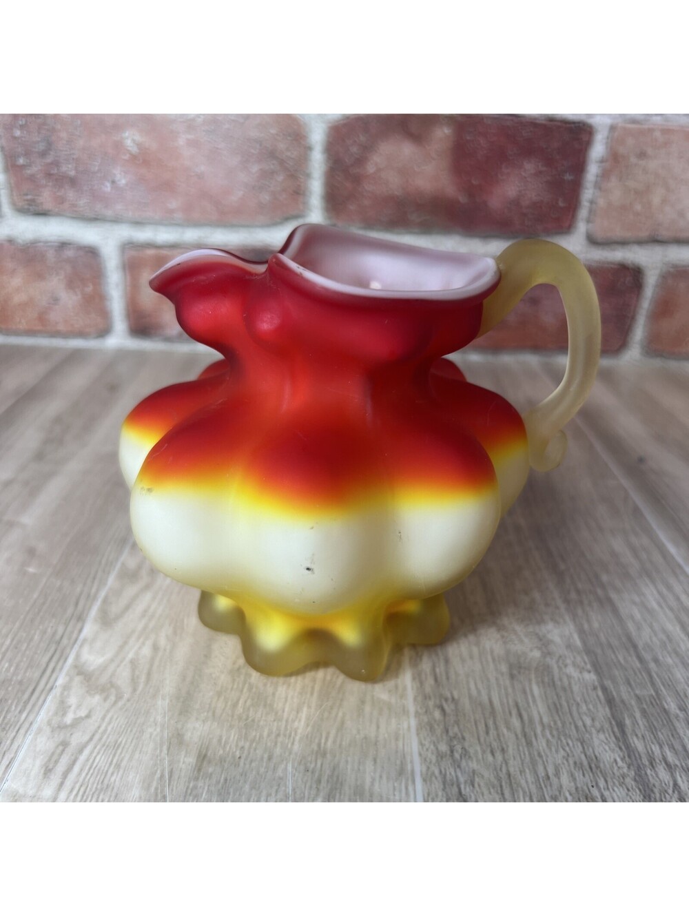 Vintage Kanawha Red Yellow, Orange Satin Glass Pitcher, Creamer, Cadmium, Glows